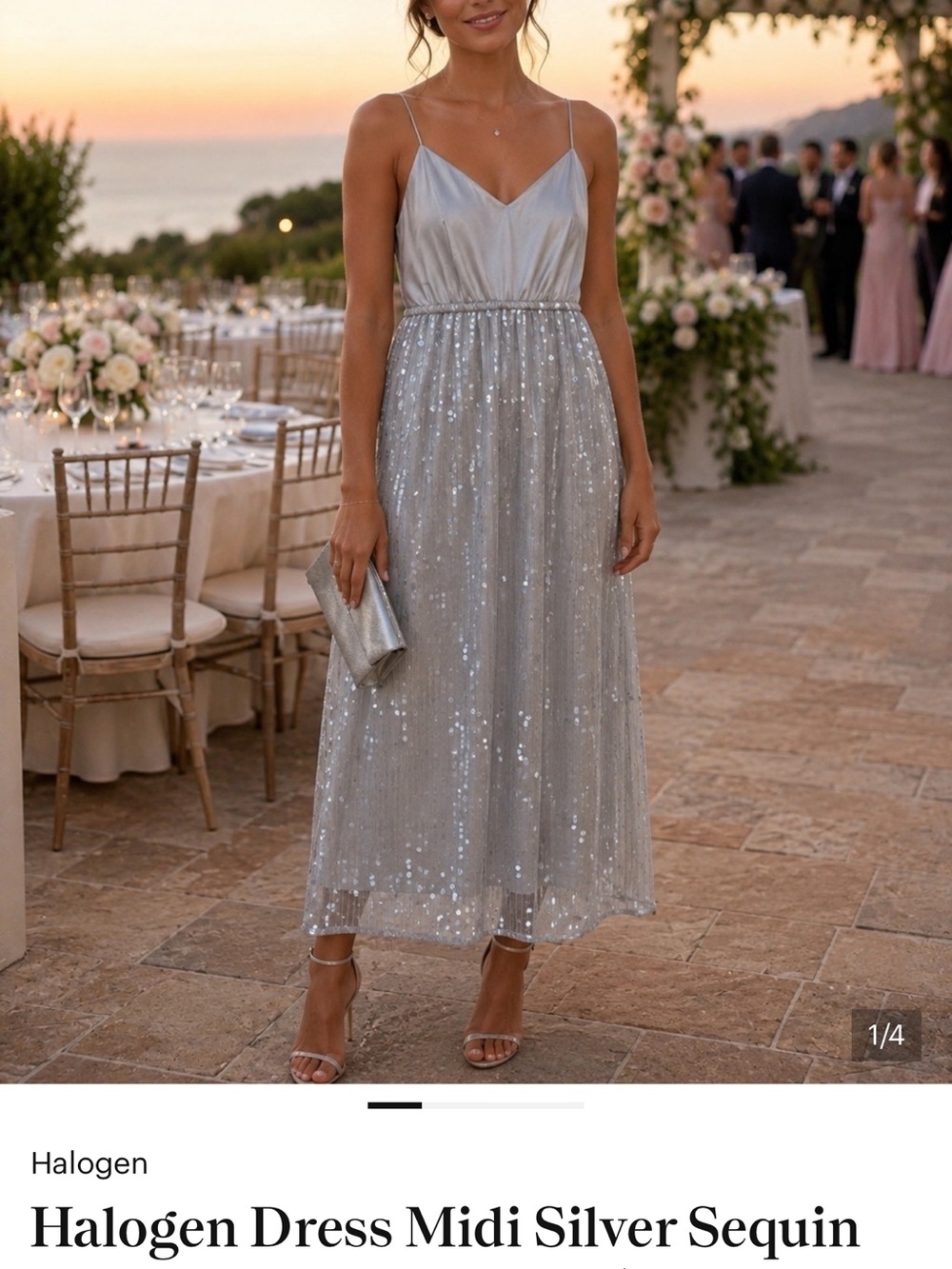 Halogen Silver Sequin Midi Dress with Satin Bodice
